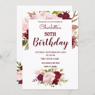 Personalised Burgundy Floral Birthday Invitation