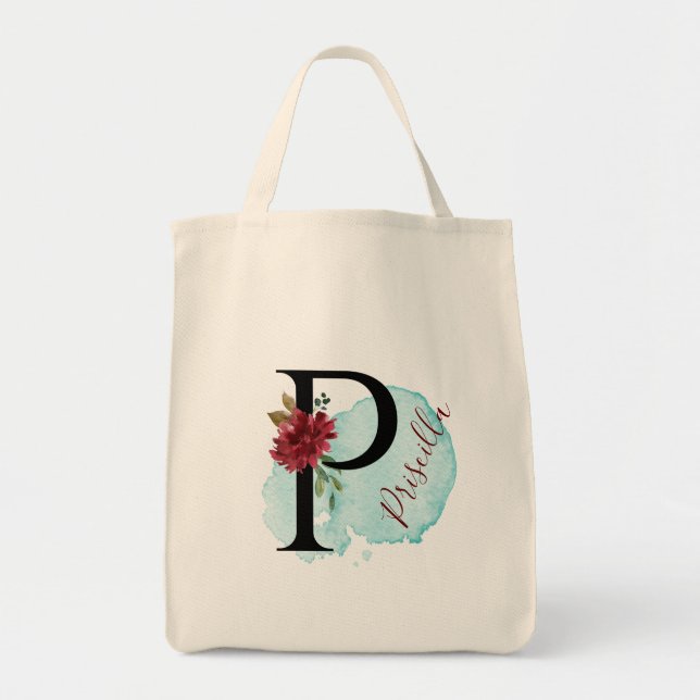 Personalised Burgundy Floral P Bridal Shower Gift Tote Bag (Front)