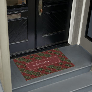 Personalised Burgundy Green Plaid Holiday Doormat