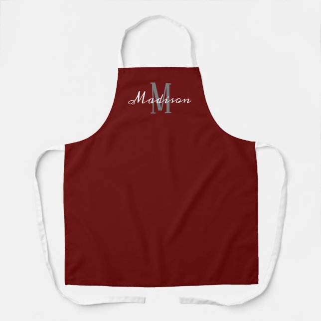 Personalised Burgundy Modern Script Monogram Apron (Front)