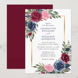 Personalised Burgundy Navy Blue Gold Floral Invitation
