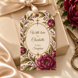 Personalised Burgundy Peony Ivory Floral Gift Tags
