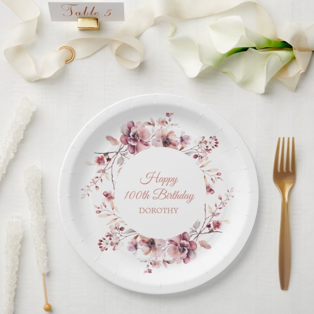 Personalised Burgundy Pink Floral 100th Birthday Paper Plate (Wedding)