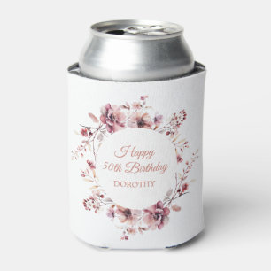 Personalised Burgundy Pink Floral 50th Birthday Can Cooler