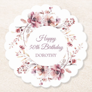 Personalised Burgundy Pink Floral 50th Birthday Paper Coaster
