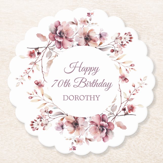 Personalised Burgundy Pink Floral 70th Birthday Paper Coaster (Front)
