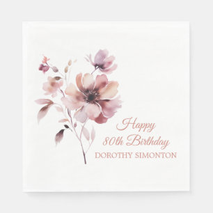 Personalised Burgundy Pink Floral 80th Birthday Napkin
