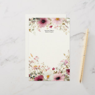 Personalised Burgundy Pink Wildflowers Florals  Stationery