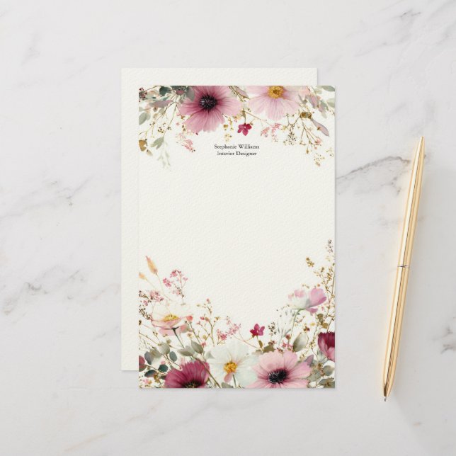 Personalised Burgundy Pink Wildflowers Florals  Stationery (Front/Back In Situ)