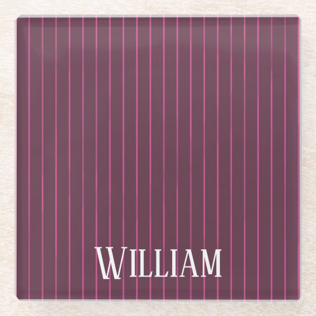 Personalised burgundy pinstripes glass coaster (Front)