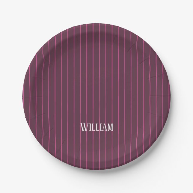 Personalised burgundy pinstripes paper plate (Front)