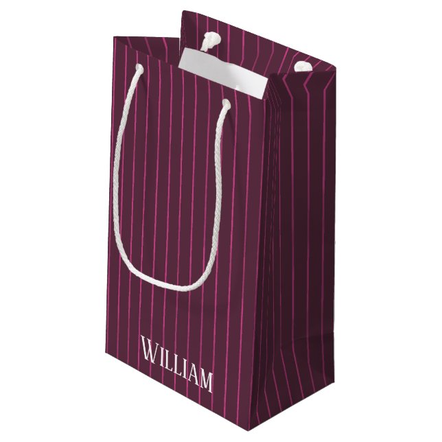 Personalised burgundy pinstripes small gift bag (Back Angled)