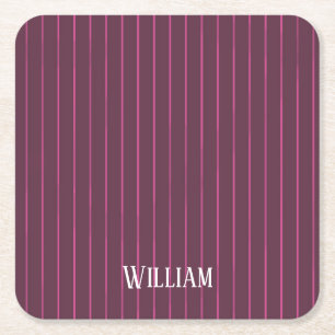 Personalised burgundy pinstripes square paper coaster