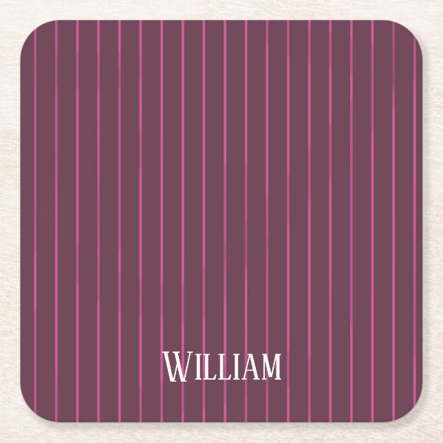 Personalised burgundy pinstripes square paper coaster (Front)