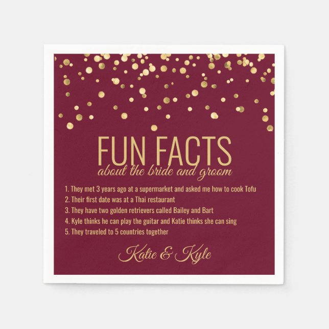 Personalised BURGUNDY RED Gold Confetti FUN FACTS Napkin (Front)