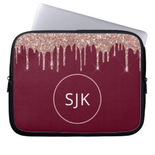 Personalised Burgundy Rose Gold Glitter Drips Laptop Sleeve