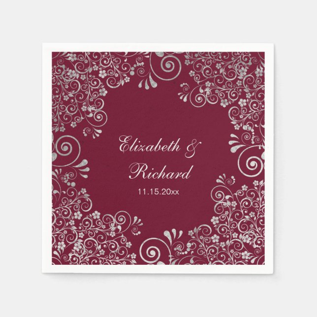 Personalised Burgundy Silver Grey Script Wedding Napkin (Front)
