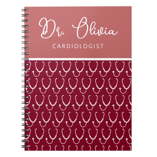 Personalised Burgundy Stethoscope Pattern Doctor Notebook (Front)