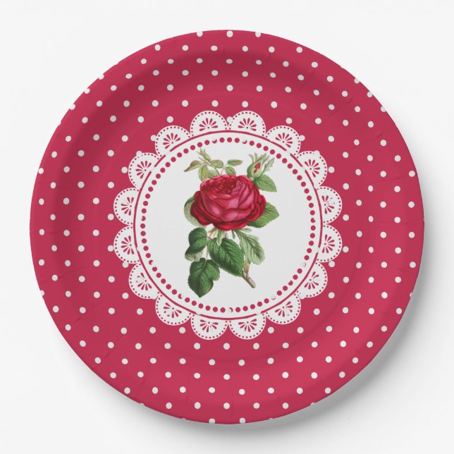 Personalised Burgundy Vintage Rose Paper Plates (Front)
