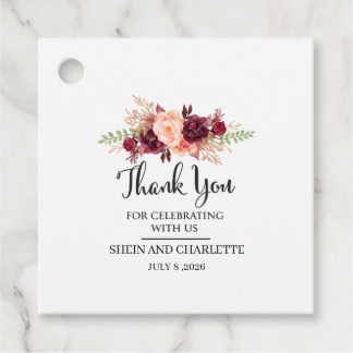 Personalised Burgundy Wedding Favour Tags, Boho Fl Tags