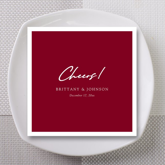 Personalised Burgundy Wedding Napkins (Personalized Unique White Cheers Script Burgundy Wedding Napkins)