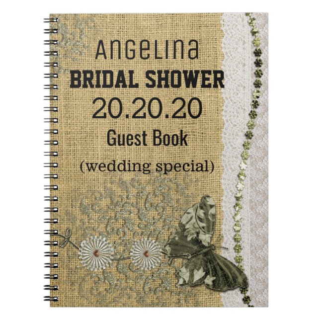 Personalised Burlap and Lace Image Bridal Shower Notebook (Front)