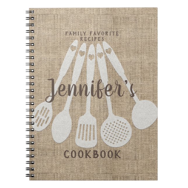 Personalised Burlap Look Recipe Cookbook Notebook (Front)