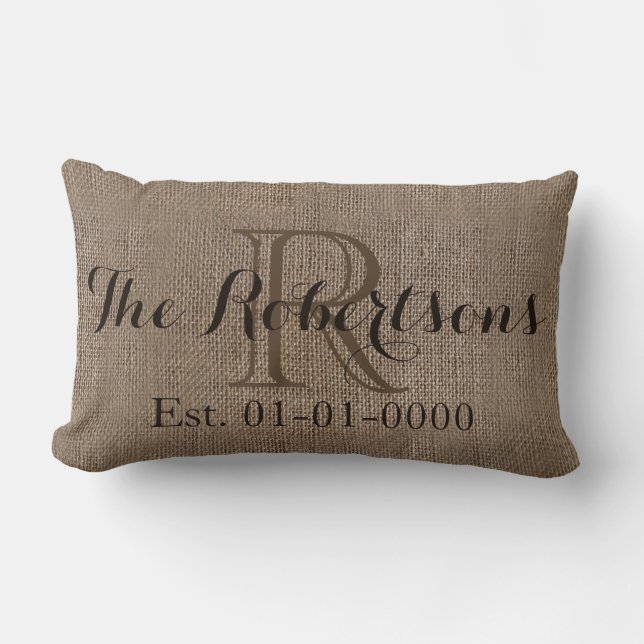 Personalised Burlap-Look Rustic Wedding/Family Lumbar Cushion (Front)