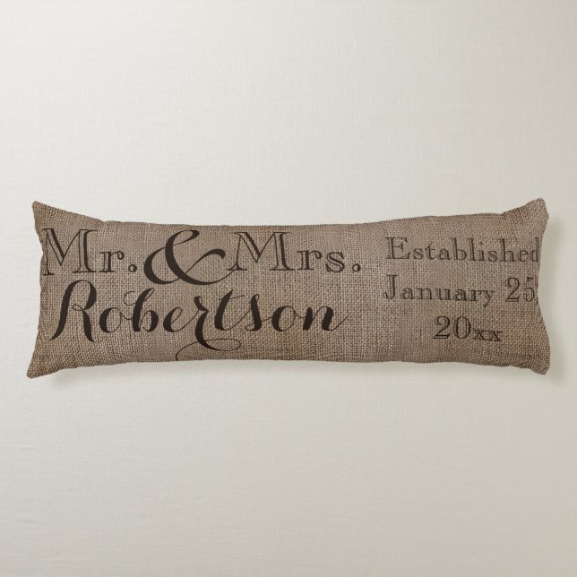 Personalised Burlap-Look Rustic Wedding Keepsake Body Cushion (Front)