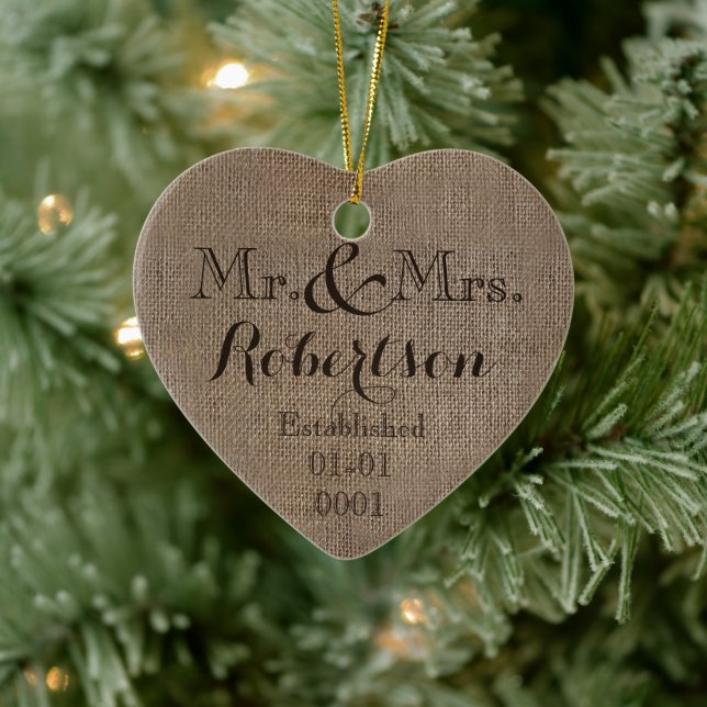 Personalised Burlap-Look Rustic Wedding Keepsake Ceramic Ornament (Tree)