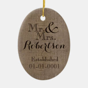 Personalised Burlap-Look Rustic Wedding Keepsake Ceramic Ornament