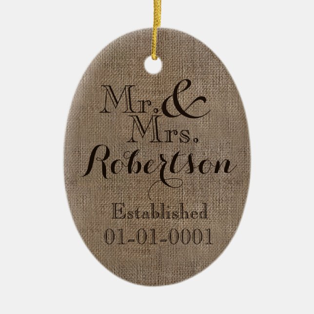 Personalised Burlap-Look Rustic Wedding Keepsake Ceramic Ornament (Front)