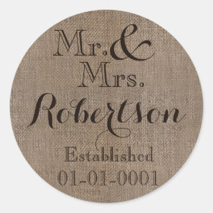 Personalised Burlap-Look Rustic Wedding Keepsake Classic Round Sticker