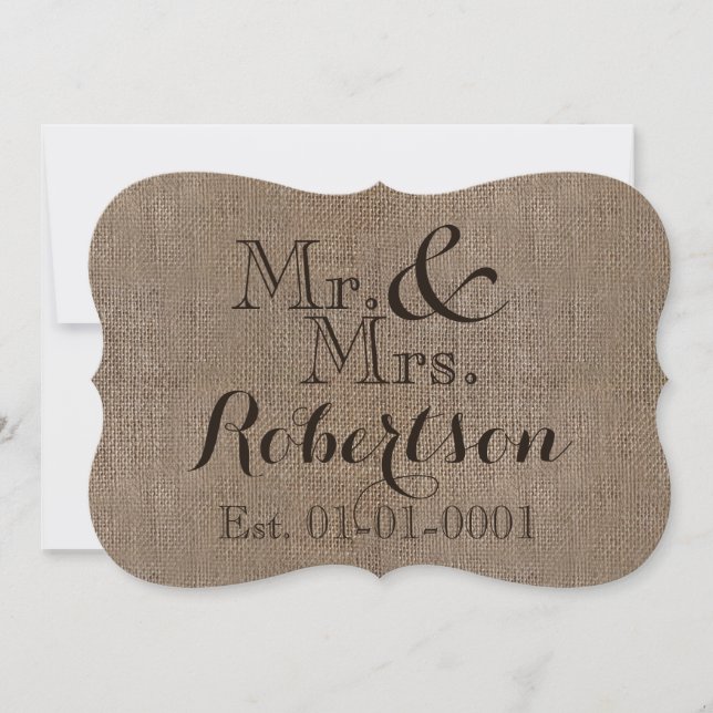 Personalised Burlap-Look Rustic Wedding Keepsake Invitation (Front)