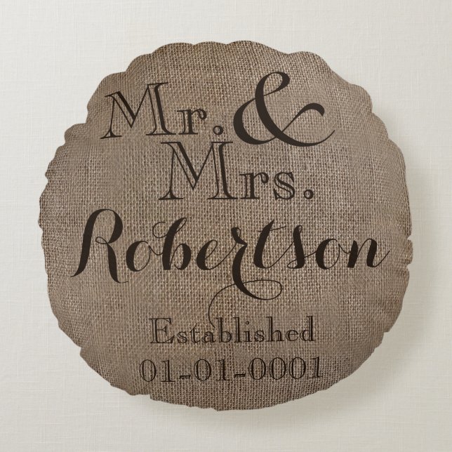 Personalised Burlap-Look Rustic Wedding Keepsake Round Cushion (Front)