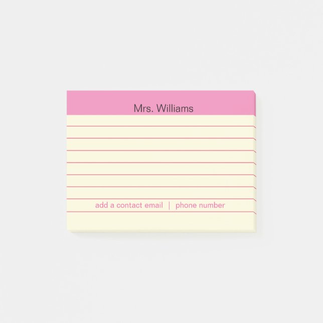 Personalised Business lines Pink Stripe Teacher Post-it Notes (Front)