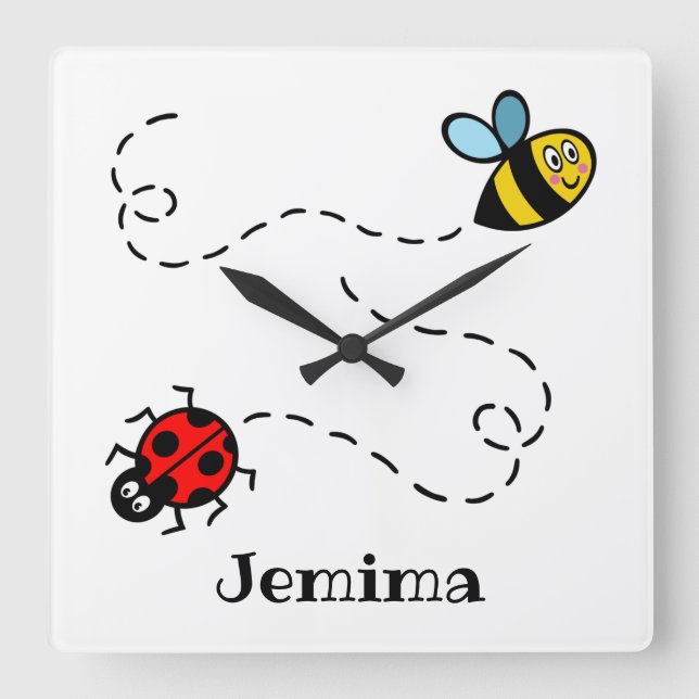 Personalised Busy Bumblebee Ladybird Pattern Square Wall Clock (Front)