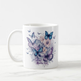 Personalised Butterflies Purple Name Girl Coffee Mug