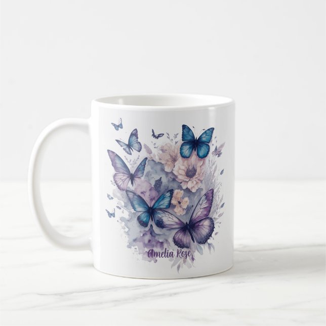 Personalised Butterflies Purple Name Girl Coffee Mug (Left)