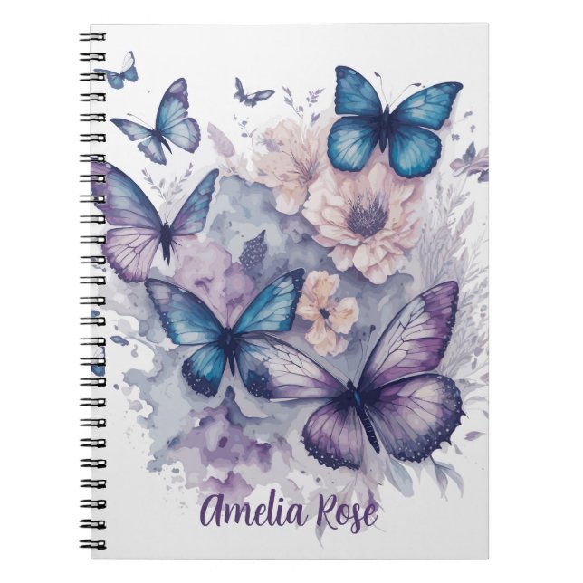 Personalised Butterflies Purple Name Girl Notebook (Front)