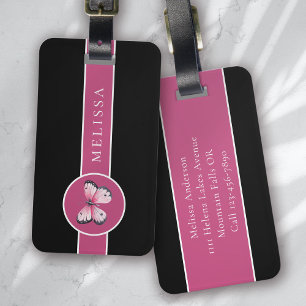 Personalised Butterfly Black Pink White Luggage Tag