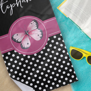 Personalised Butterfly Black Pink White Polka Dots Beach Towel