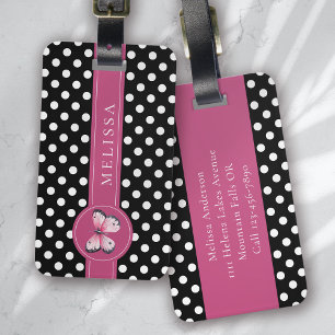 Personalised Butterfly Black Pink White Polka Dots Luggage Tag