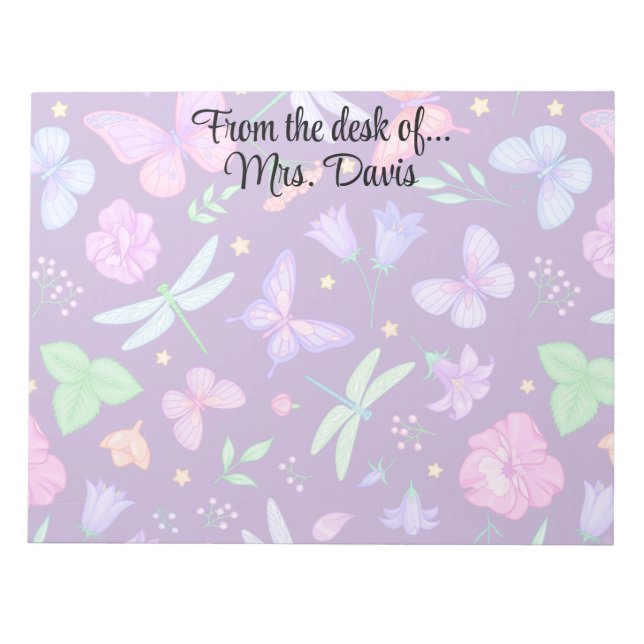 Personalised butterfly dragonfly flower elegant notepad (Front)