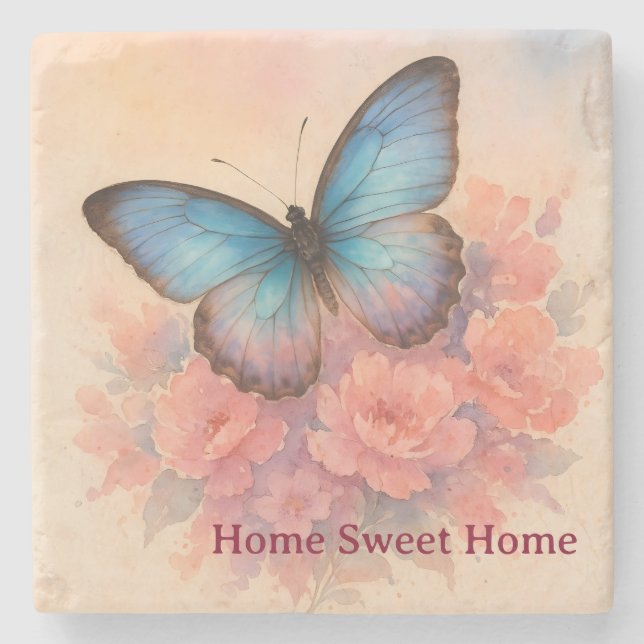 Personalised Butterfly Peach Floral Elgant Design  Stone Coaster (Front)