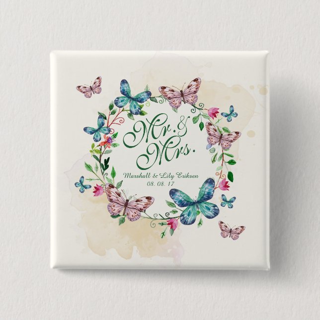Personalised Butterfly Wreath Wedding Pin Button (Front)