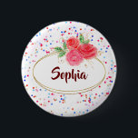 Personalised Buttons, custom Buttons, name 6 Cm Round Badge<br><div class="desc">A lovely pin button with a bouquet of roses and an handwriting name in a refined glitter gold fram on a sparkling background of coloured confetti and spangles. It's a great accessorie for an event and it can be a nice gift. The design is ready to personalise: customise button by...</div>