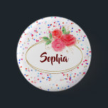 Personalised Buttons, custom Buttons, name 6 Cm Round Badge<br><div class="desc">A lovely pin button with a bouquet of roses and an handwriting name in a refined glitter gold fram on a sparkling background of coloured confetti and spangles. It's a great accessorie for an event and it can be a nice gift. The design is ready to personalise: customise button by...</div>