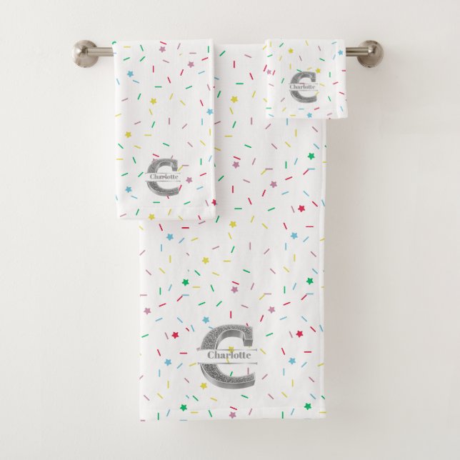  Personalised C Initial Silver Monogram Your Name Bath Towel Set (Insitu)