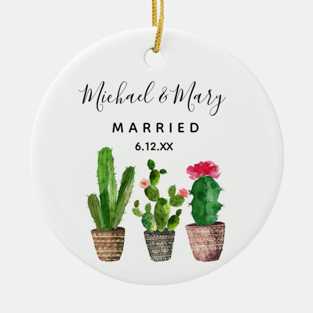 Personalised Cactus Married Newlywed Gift Ceramic Ornament (Front)
